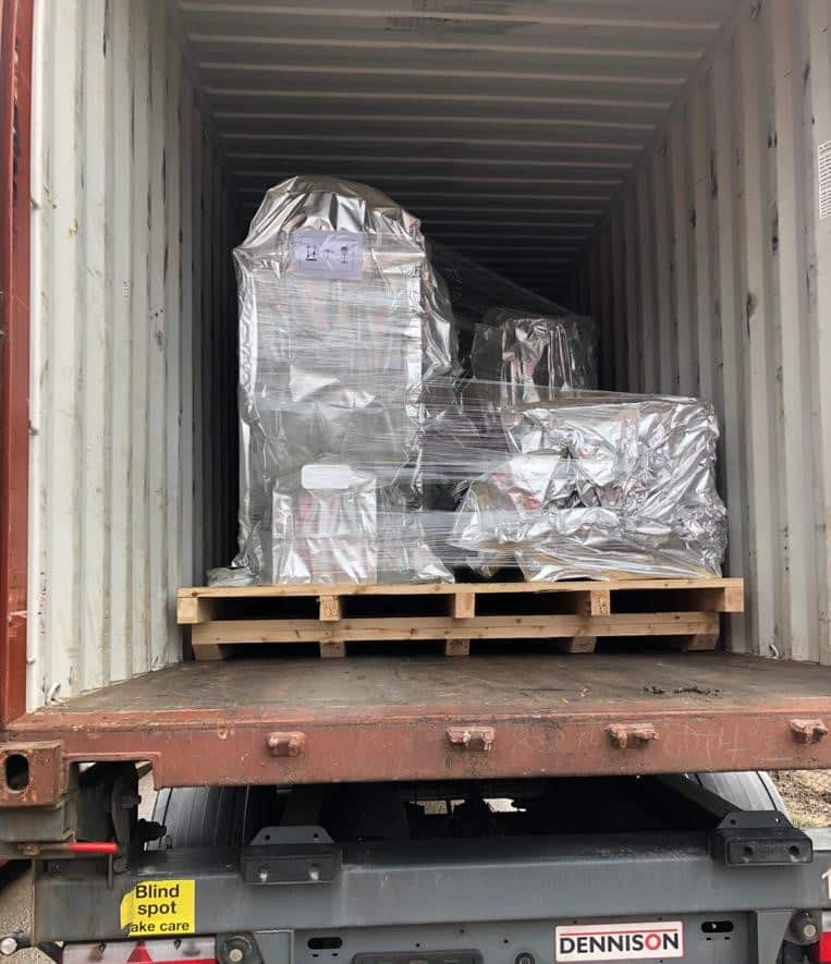 Factory equipment loaded onto pallets