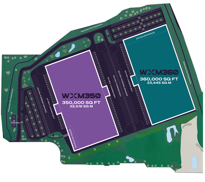 Site plan showing units WXM350 and WXM360 with building footprints access roads and parking